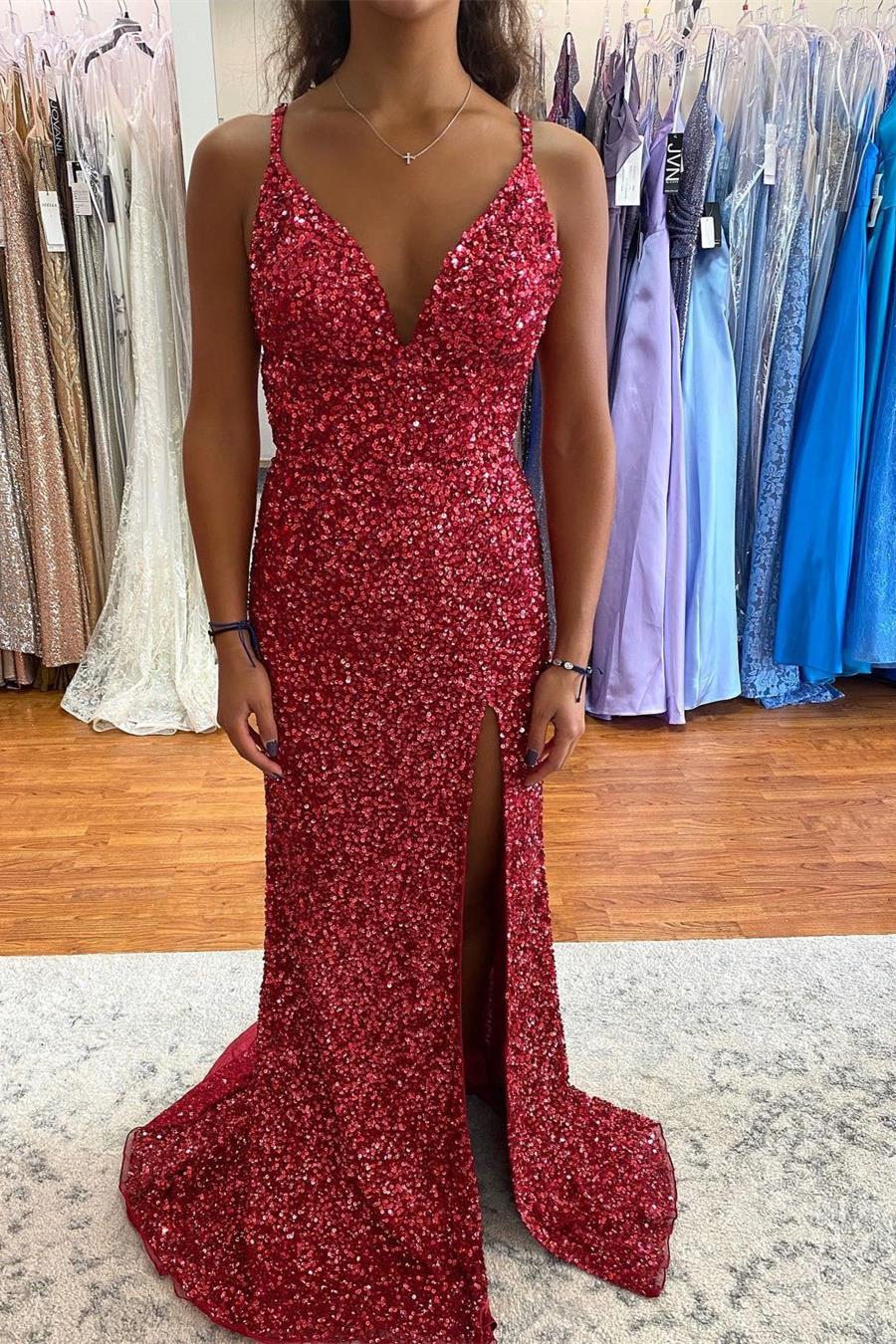 Vestido de fiesta largo con abertura y sirena y lentejuelas